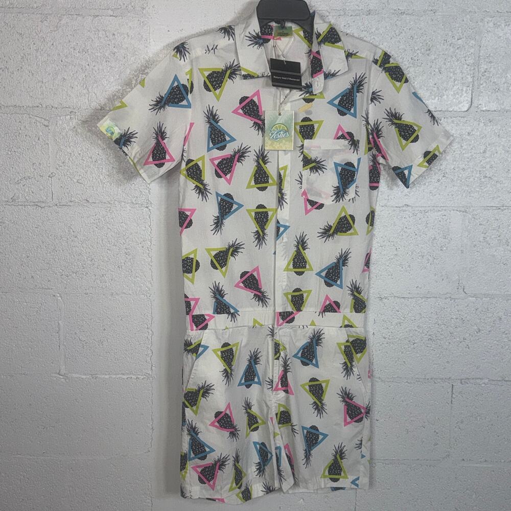 Zesties Mens's original Romper Jumpsuits Tropical 80s White multi medium